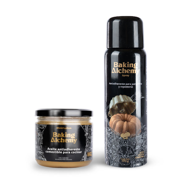 Aceite antiadherente para panadería y repostería | Vegano y gluten free | Líquido 250 ml + Spray 170 gr | Baking Alchemy